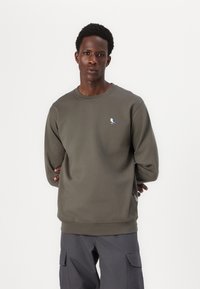Olijfgroene sweatshirt met lange mouwen, ronde hals en kleine blauwe en witte vogelbroderie op de borst. Gladde textuur, relaxte pasvorm.