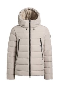 Lys beige pufferjakke med hætte, prydet med horisontale quiltede syninger, to lynlåslommer og en lynlåslukning foran.