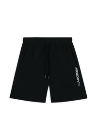 Shorts sportivi neri con vita elastica e cordino regolabile. Presentano una fessura laterale e un logo stampato bianco sul davanti.