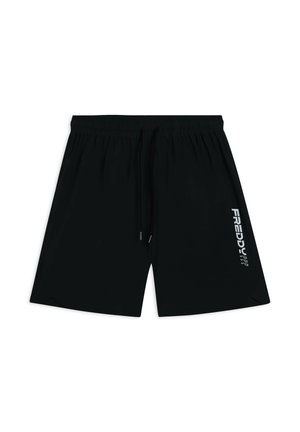Shorts sportivi neri con vita elastica e cordino regolabile. Presentano una fessura laterale e un logo stampato bianco sul davanti.