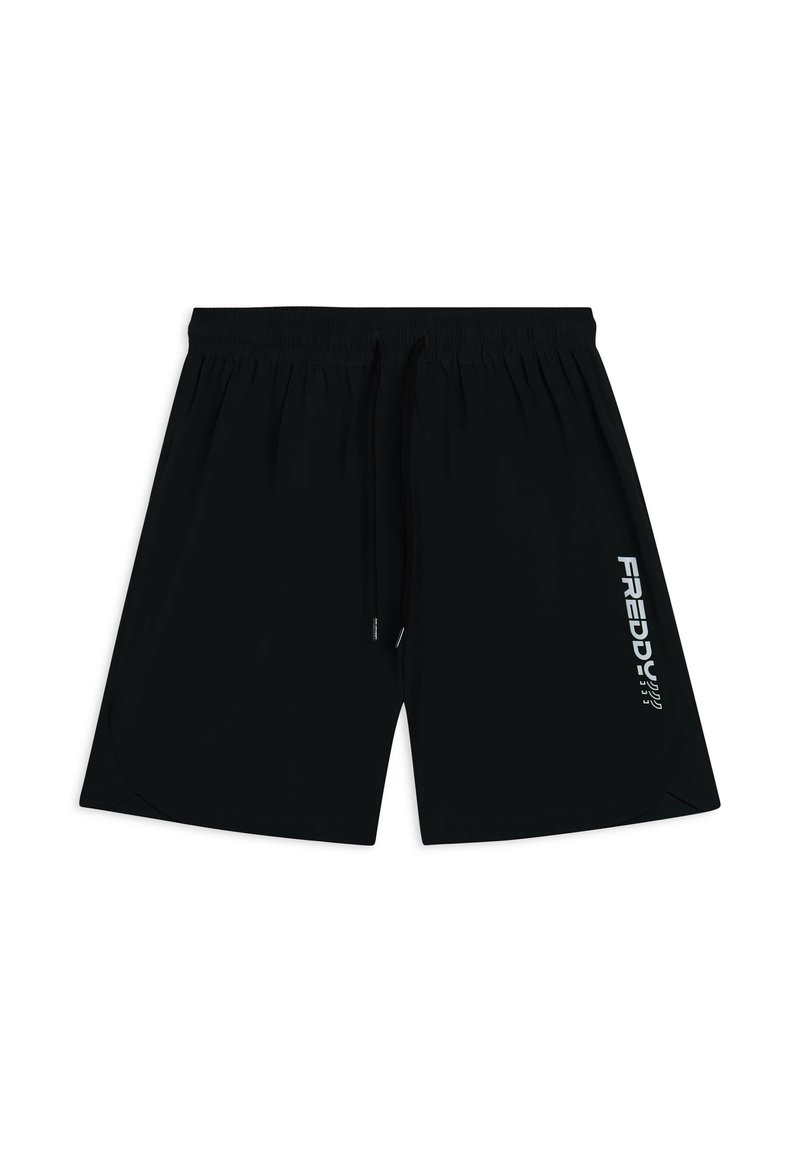 Shorts sportivi neri con vita elastica e cordino regolabile. Presentano una fessura laterale e un logo stampato bianco sul davanti.
