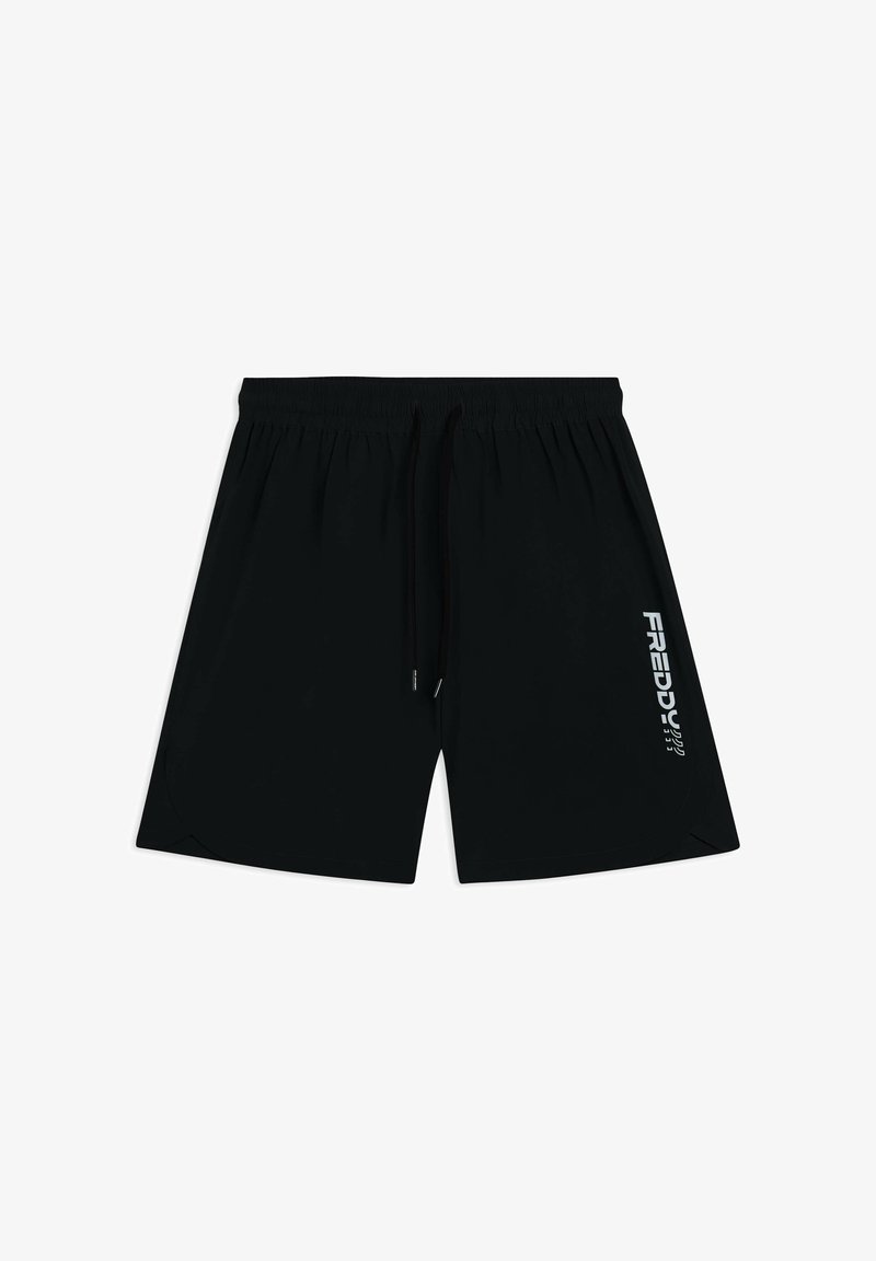 Shorts sportivi neri con vita elastica e cordino regolabile. Presentano una fessura laterale e un logo stampato bianco sul davanti.