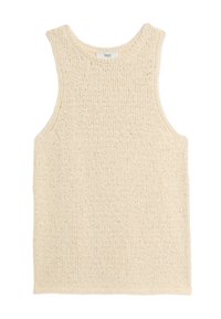Beige mouwloze gebreide top met een ronde hals. Kenmerkt zich door een textuurafwerking en een rechte zoom. Gemaakt van een zachte, comfortabele stof.