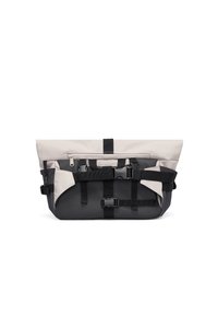 Zaino espandibile con una parte superiore beige, sezioni in rete nera e spallacci regolabili. Presenta diversi fibbie e una tasca con zip.