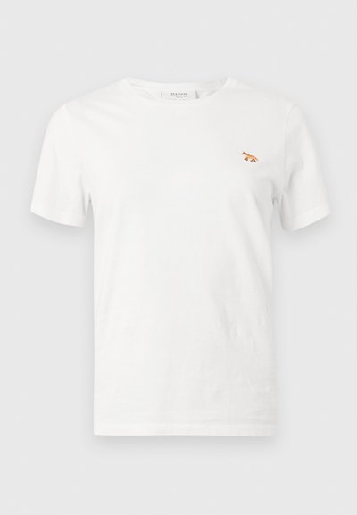 Bílý krátký rukáv pánské tričko s kulatým výstřihem a malým vyšitým oranžovým lišákem na levé straně hrudi.