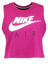 Růžový zkrácený top bez rukávů vyrobený z bavlny, s bílým logem Nike a nápisem "AIR" tučným černým písmem. Zaoblený výstřih.
