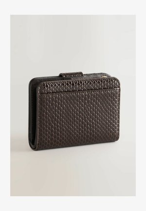 Brown textured wallet made of synthetic material, featuring a hexagonal pattern, a clasp closure, and a slim, rectangular shape.
