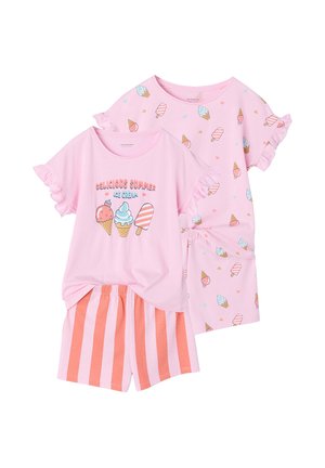 Two pink children's pajama sets, one with "Delicious Summer Ice Cream" shirt and striped shorts, the other with ice cream cone and popsicle pattern.