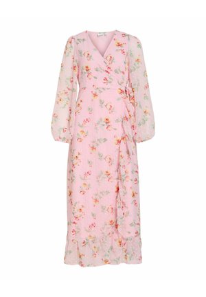 Roza midi haljina na preklop s dugim prozirnim rukavima, cvjetnim uzorkom, izrezom u obliku slova V, bočnim vezicama i volanom na rubu.