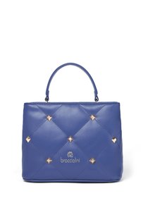 Borsa a tracolla in pelle blu con motivo a rombi, dettagli in metallo dorato e manico superiore. Presenta un logo prominente sul davanti.