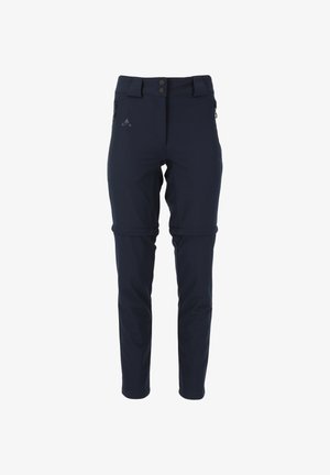 Mørkeblå udendørspants med slim fit, lynlåslommer og justerbare manchetter. Fremstillet af åndbart stof med en glat tekstur.