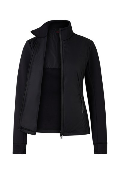 Czarna kurtka z wysokim kołnierzem, zamkiem błyskawicznym, bocznymi kieszeniami oraz miękką podszewką. Wykonana z gładkiego, rozciągliwego materiału.