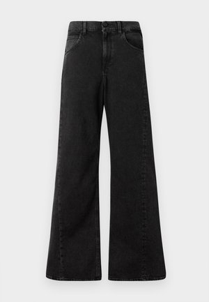 Hoge taille zwarte denim jeans met een wijdere pijpdesign, met voorzakken en een knoopsluiting bij de taille.