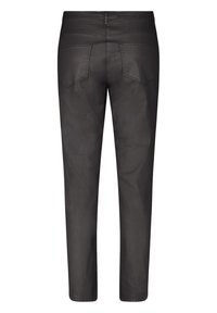 Schwarze Hose mit geradem Bein, aus glattem Stoff gefertigt, ausgestattet mit zwei Gesäßtaschen und dezenten Stickdetails.