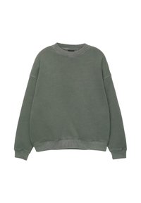 Zöld crewneck pulóver, puha anyagból készült. Túlméretezett fazon, bordázott mandzsettákkal és szegéllyel, sima textúrával és minta nélküli kialakítással.
