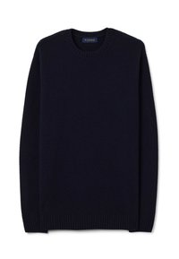 Maglione blu navy lavorato a maglia con scollo rotondo, polsini e orlo a coste. Motivo testurizzato su tutta la superficie. Etichetta visibile all'interno del collo.