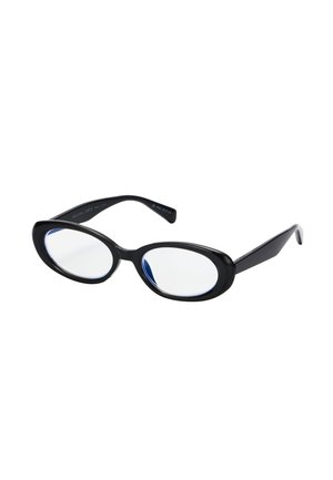 Lunettes ovales noires avec une monture en plastique brillante et des verres transparents, présentées légèrement en angle sur un fond blanc.