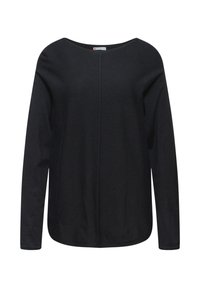 Top negro de manga larga con un escote amplio, textura suave y un diseño de costuras mínimas. Corte holgado con un dobladillo redondeado.