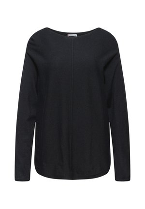 Zwart long-sleeve shirt met een brede halslijn, een gladde textuur en minimale naaddetails. Losse pasvorm met een ronde zoom.