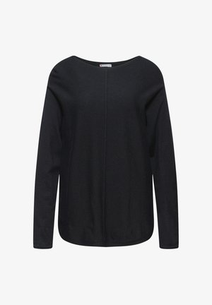 Czarny, długi rękaw top z szerokim dekoltem, gładką teksturą i minimalnymi detalami szwów. Luźny krój z zaokrąglonym dołem.