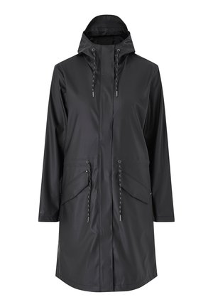 Black waterproof raincoat with a hood, drawstring waist, and two front pockets. Features a smooth finish and a knee-length design.