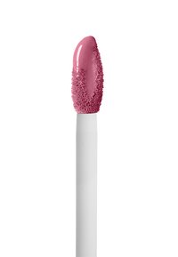 Rosa Lippenprodukt mit einem strukturierten, flauschigen Applikatorkopf auf einem weißen Griff, der eine reflektierende Oberfläche aufweist.