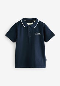 Námornícky modré polo tričko s bielymi lemami na golieri, krátkymi rukávmi, gombíkovou légou a logom "BAKER BY TED BAKER" na prednej strane. Vhodné na neformálne nosenie.