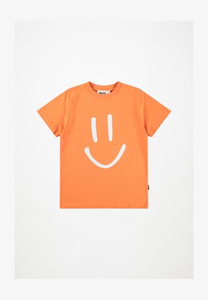 Tricou scurt cu mâneci portocaliu, cu un grafic mare al unei fețe zâmbitoare albe pe față, guler rotund și etichetă mică pe lateral.