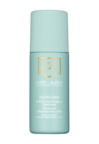 Estée Lauder Youth-Dew roll-on deodorant i en mintgrønn sylinderformet flaske med rillet hette og gulllogo, som har detaljert etiketttekst.