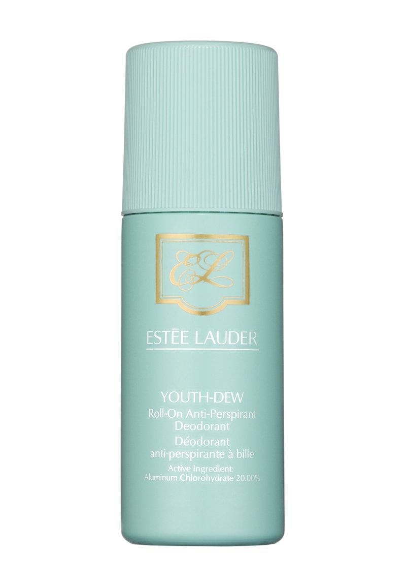 Estée Lauder Youth-Dew roll-on deodorant i en mintgrønn sylinderformet flaske med rillet hette og gulllogo, som har detaljert etiketttekst.