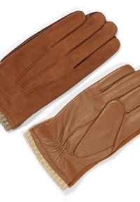 Brune skinn- og mockaskinnhansker med ribbestrikket mansjett, som har fem fingre og broderte detaljer, designet for varme og komfort.