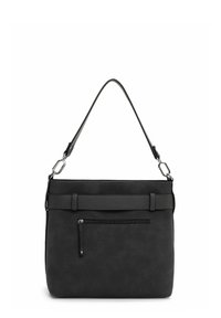Zwarte faux suede handtas met een enkele schouderband, een horizontale bovenband en een voorvak met rits. Gladde textuur en minimale hardware.