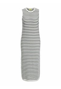 Vestido sin mangas, de longitud a la rodilla, en blanco con rayas horizontales negras. Confeccionado en material de punto acanalado, presenta un escote redondo y aberturas laterales.