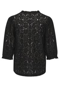 Black lace blouse featuring a floral pattern, three-quarter puff sleeves, and a round neckline. Textured finish with scalloped sleeve edges.