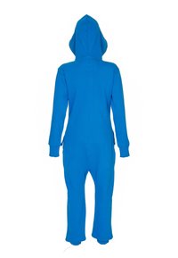 Blauer Kapuzen-Overall aus weichem Stoff, mit langen Ärmeln, gerippten Bündchen und einer Reißverschlusstasche vorne. Sanfte Textur, lässiges Design.