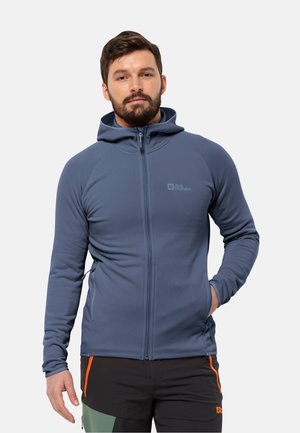 Hooded zip-up jacket in dark blue, made of smooth fabric. Features raglan sleeves and side pockets. Logo displayed on the chest.