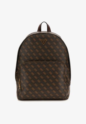 Bruine rugzak met een rond vorm en een patroon, afgewerkt met een monogram ontwerp en een voorste ritszak. Inclusief een bovenhandvat en een logo-accent.