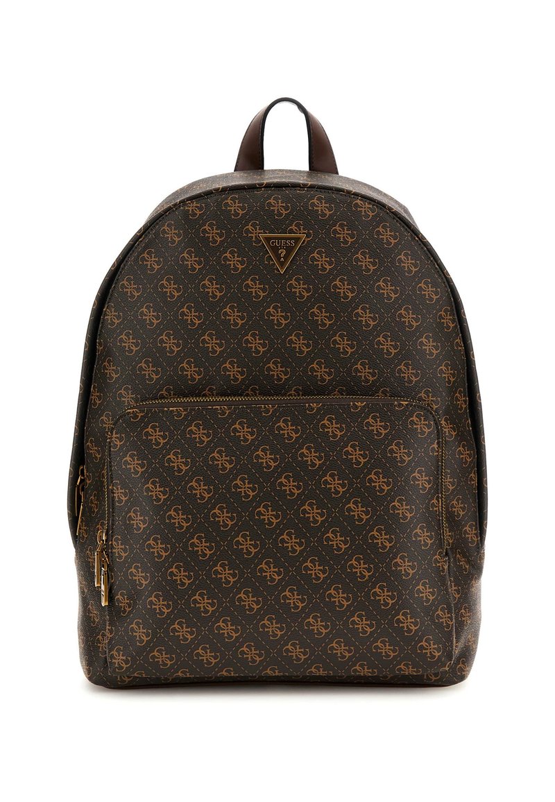 Zaino marrone a motivi con forma arrotondata, caratterizzato da un design monogram e una tasca frontale con zip. Include una maniglia superiore e un accento del logo.