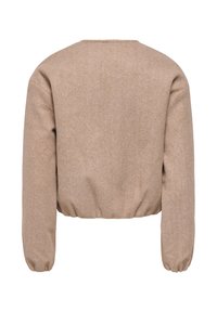 Beige long-sleeve cropped sweater with elastic cuffs and hem, shown from the back on a white background.
