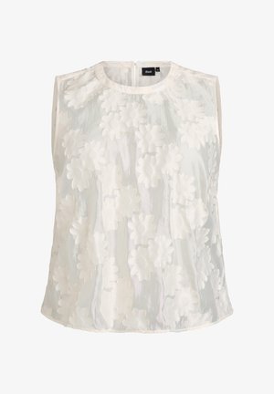 Ärmellose weiße Bluse mit rundem Ausschnitt und strukturiertem Blumenmuster, leichtes Material, Reißverschluss hinten.