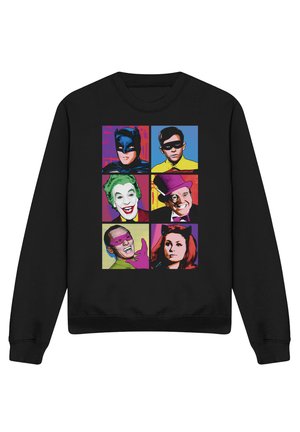 Schwarzer Sweatshirt mit bunten Pop-Art-Porträts von sechs klassischen Batman-TV-Seriencharakteren in zwei Reihen zu je drei.