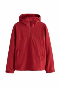 Röd vindjacka med en ficka fram, halvdragkedja och justerbar huva; slät textur, lätt material och minimalistisk design.