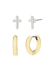Conjunto de pendientes de oro y plata que incluye dos pares: un aro de oro amarillo y unos pendientes en forma de cruz de plata, con acabados suaves y un diseño minimalista.
