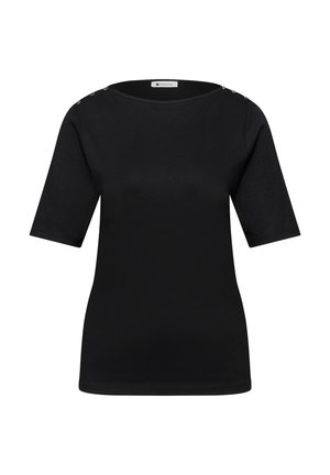 Schwarzes, kurzärmeliges, figurbetontes Oberteil mit rundem Ausschnitt und Knopfdetails auf beiden Schulternähten.
