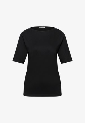 Sort, kortærmet, tætsiddende bluse med rund halsudskæring og knapdetaljer på begge skuldersømme.