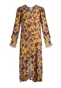 Dlouhé šaty z žluté látky s fialovým květinovým vzorem, s výstřihem do V a volánkovými manžetami, plynulý silueta a délka ke kolenům.