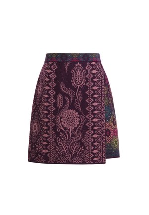 Purple skirt with intricate pink floral patterns and a colorful, decorative waistband. Material appears woven with a smooth texture.
