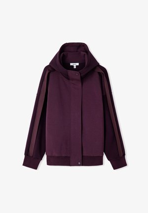 Lila Kapuzenpullover mit hohem Kragen, vorderer Druckknopfverschluss und seitlichen Streifen. Verfügt über gerippte Bündchen und Saum, hergestellt aus weichem Material.