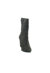 Dark brown suede high-heeled boot with a sleek silhouette, zip closure on the side, and a smooth textured finish.