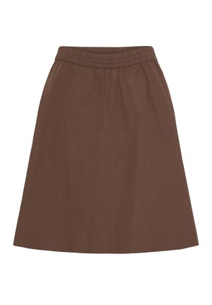 Jupe marron longueur genou avec taille élastique, silhouette évasée en ligne A, tissu lisse, sans motifs ni embellissements visibles.